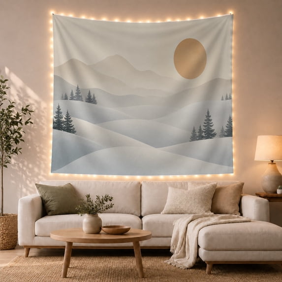 Snowy Mountain Peaks With Ochre Sun Above Rolling Fields, Serene Minimalist for Nature Lovers, Winter Landscape Wall Art, Housewarming Gift, Tapestry Wall Hanging for Bedroom and Living Room