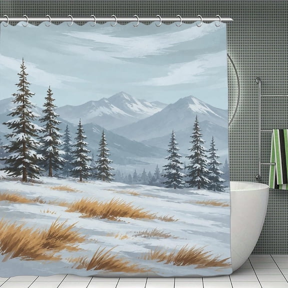 Snowy Mountain Pines Print Shower Curtain,Cloth Fabric Waterproof Polyester Bathroom Home Decor Set with Hooks 70.8×70.8Inch