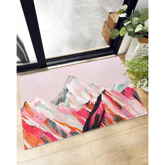 Snowy Mountain Pink Gradient Doormat Shaggy Plush Rug, Comfy Furry Floor Area Rugs Mountains Retro Oil Painting Art Cozy Throw Shag Carpets Indoor Entrance Decor Door Mats