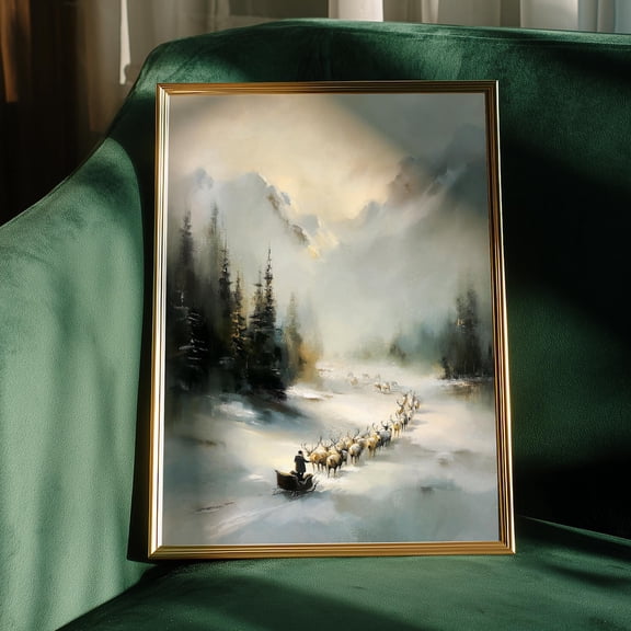 Snowy Mountain, Reindeer Sleigh Winter Wall Art, Nordic Landscape Print, Scandinavian Winter Decor Home Decor #176, Stretched Canvas Size 8x12