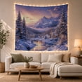 thumbnail image 1 of Snowy Mountain River with Pine Forest and Cabin, Serene Rustic Style for Nature Lovers, Winter Landscape Art, Christmas Gift, Tapestry Wall Hanging for Bedroom and Living Room, 1 of 7