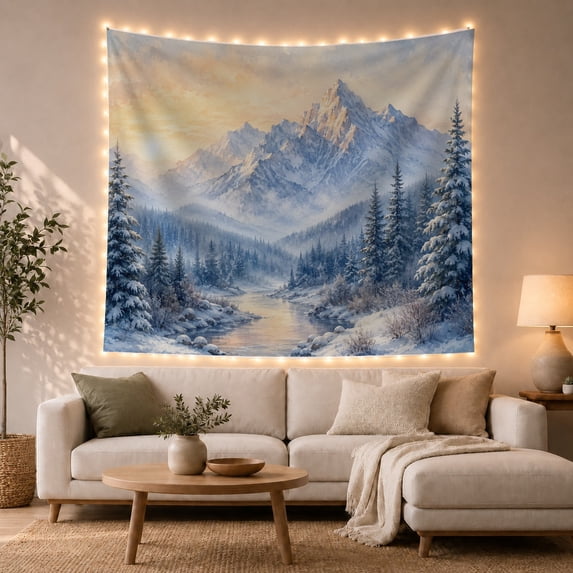Snowy Mountain River with Pine Forest Peaceful Watercolor Landscape for Nature Lovers Winter Cabin Decor Christmas Gift Tapestry Wall Hanging for Bedroom, Living Room and Cabin