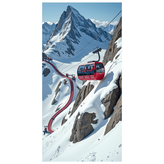 Snowy Mountain Scenery Banner with Red Cable Cars and Pathway, Winter Theme, Mountain Elements, Backdrop Decor for Winter Parties Ski Events Adventure Gatherings