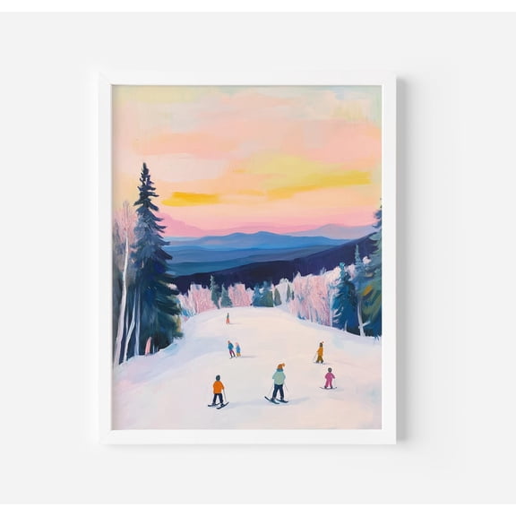Snowy Mountain Skiers Art Poster Winter Sunset, Unframed Poster Size 12x18 F03.1.19l1145