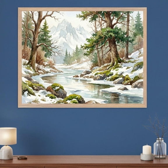 Snowy Mountain Stream Wall Art Print, Pine Forest Winter Landscape For Rustic Cabin Decor