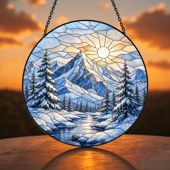 Snowy Mountain Suncatcher Window Hanging Acrylic Stained Glass Style Gift