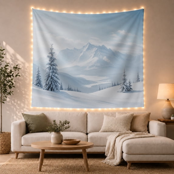 Snowy Mountain Valley with Frosted Pines, Serene Minimalist Style for Nature Lovers, Winter Landscape Art, Christmas Gift, Tapestry Wall Hanging for Bedroom and Living Room