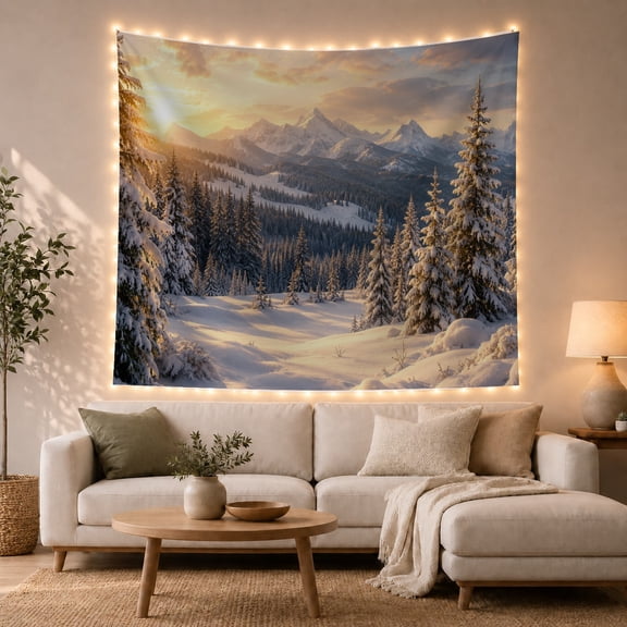 Snowy Mountain Valley with Pine Forest at Sunset, Serene Rustic Style for Nature Lovers, Winter Landscape Art, Christmas Gift, Tapestry Wall Hanging for Bedroom and Living Room