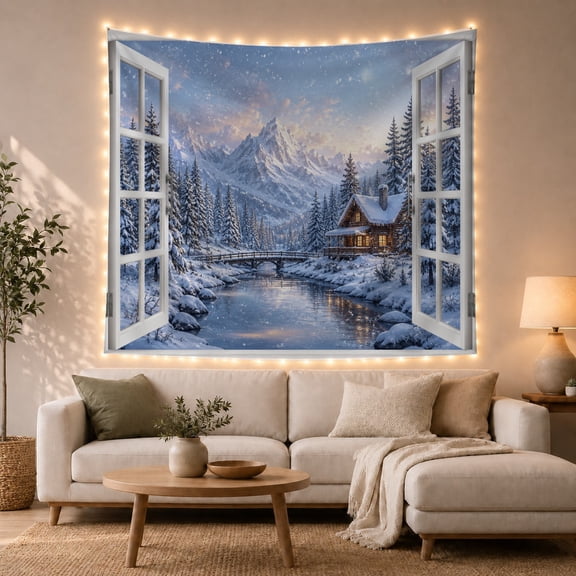 Snowy Mountain Valley Seen Through Window, Cozy Rustic for Nature Lovers, Winter Landscape Wall Decor Christmas Gift, Tapestry Wall Hanging for Bedroom and Cabin