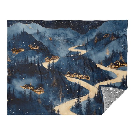 Snowy Mountain Village Camping Blankets Bed Throws and Cozy Travel Blanket Fluorescence 70x55in Double Sided