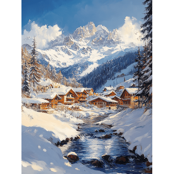 Snowy Mountain Village Canvas Wall Art， Perfect for Living Room， Hotel， and Restaurant Decor.