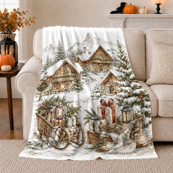 Snowy Mountain Village Chalets Holiday Scene Wrapped Presents, Peaceful Mountain Lake Scene, Warm Flannel Blanket for Cabin and Lodge, Outdoor Lovers Camping Gift, Festive Home Decor