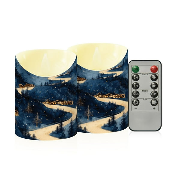Snowy Mountain Village Flameless Candles 2 PCS with Remote Realistic Moving Flame LED Tapered Pillar Set for Home Decor