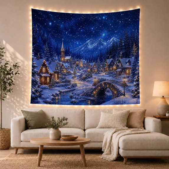 Snowy Mountain Village with Glowing Cottages at Night, Whimsical Fantasy for Nature Lovers, Mountain Scenery Wall Art, Christmas Gift, Tapestry Wall Hanging for Living Room and Bedroom
