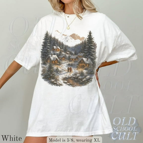 Snowy Mountain Village Graphic Print T-Shirt | Vintage Winter Landscape Tee | Cozy Cabin Scene Unisex Top