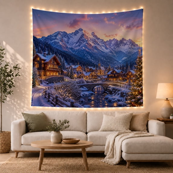 Snowy Mountain Village With River Bridge, Cozy Rustic Style for Mountain Lovers, Landscape Wall Art, Christmas Gift, Tapestry Wall Hanging for Bedroom, Living Room and Dorm