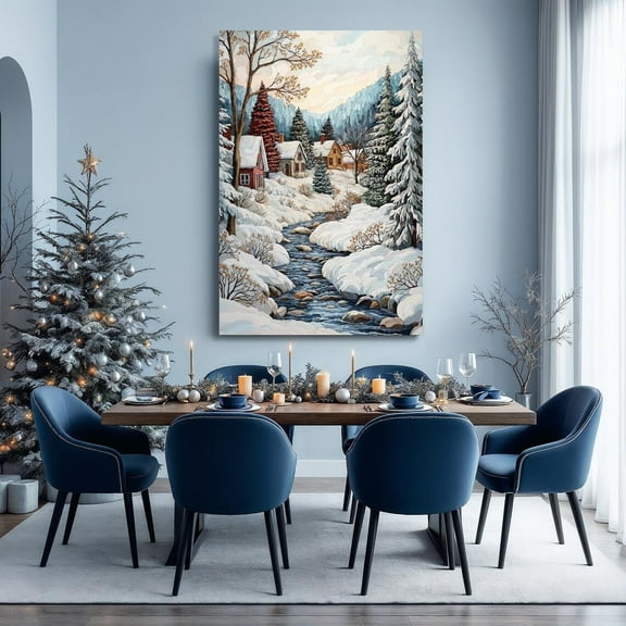 Snowy Mountain Village Wall Art Peaceful Winter Landscape Poster Wall Decor Winter Poster Ready To Hang Gift, Unframed Poster Size 24x36