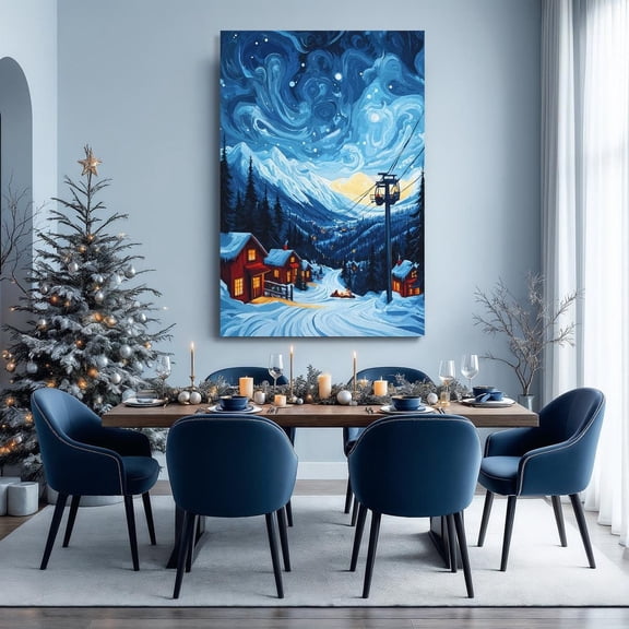 Snowy Mountain Village Wall Art Winter Night Poster Cozy Cabin Decorest Landscape Poster Winter Ready To Hang Warm Present Vintage UNFRAMED Poster Size 24x36