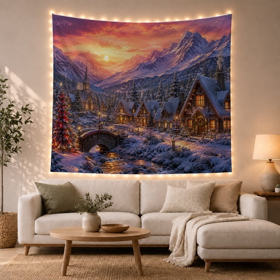 Snowy Mountain Winter Village with Glowing Chalets, Cozy Cottagecore for Nature Lovers, Scenic Landscape Art Decor, Christmas Gift Tapestry Wall Hanging for Bedroom and Living Room