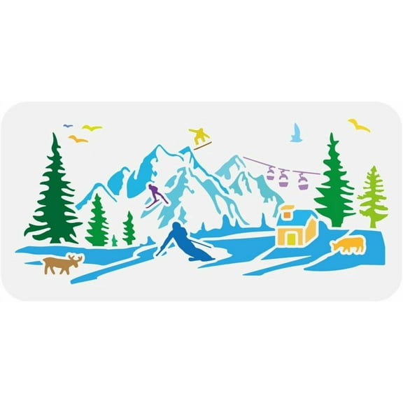 Snowy Mountains Large Stencil 11.8x5.9 Inch Winter Skiing Stencils Pine Trees Wooden Houses Stencil Cable Cars Reindeer Drawing Template for DIY Making