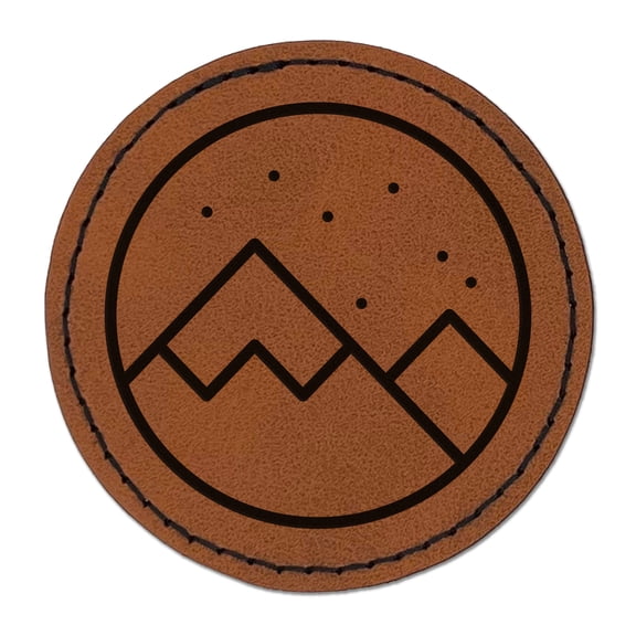 Snowy Mountainscape 2.5" Faux Leather Round Engraved Iron-On Patch - Brown