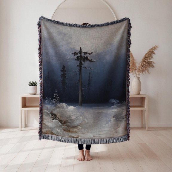 Snowy Navy Blue and Gray Pine Forest Woven Throw Blanket, 100% Cotton, Rustic Winter Decor for Sofa or Bed