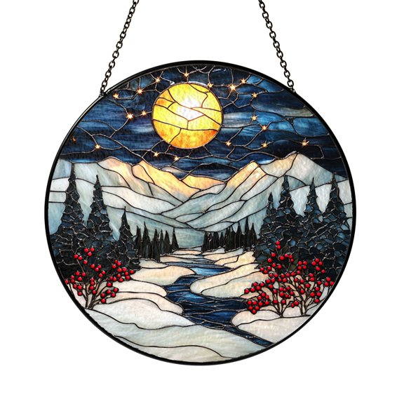 Snowy Night Mountain Stained Glass Window Hanging, Peaceful Winter Nature Decor