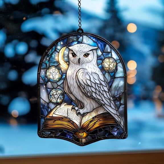 Snowy Owl Acrylic Suncatcher fullxfull White Owl on Magic Book with Moons and Stars, Winter Window Decor Gift for Fantasy and Book Lovers