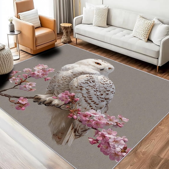 Floral Pattern C Snowy Owl Area Rugs, Floral Bird Pattern Carpet, Washable Non Slip Low ...