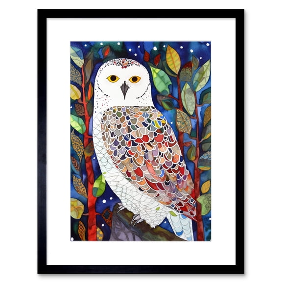 Snowy Owl Between Tree Branches Folk Art Artwork Framed Print Wall Art 9X7 Inch