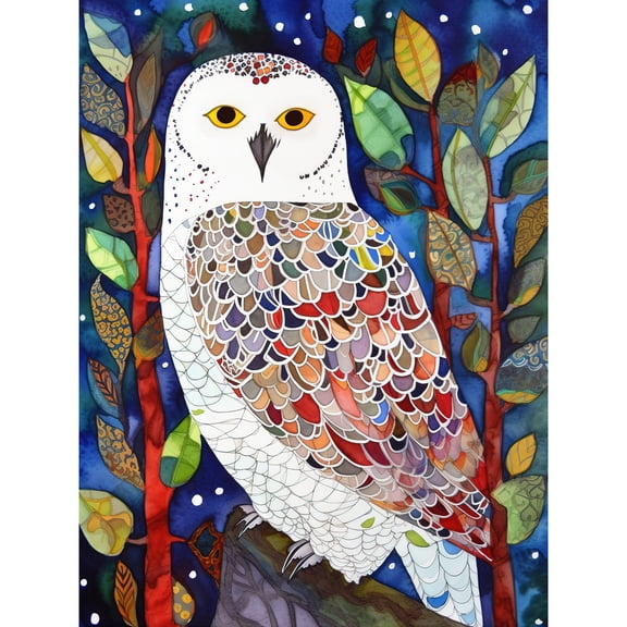 Snowy Owl Between Tree Branches Folk Art Unframed Wall Art Print Poster Home Decor Premium