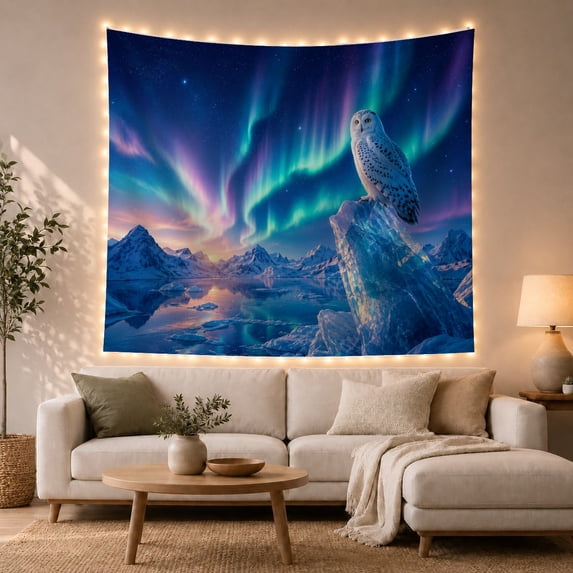 Snowy Owl on Blue Ice Cliff Under Northern Lights, Mystical Fantasy for Nature Lovers, Arctic Wildlife Wall Art Christmas Gift Tapestry Wall Hanging for Living Room and Bedroom