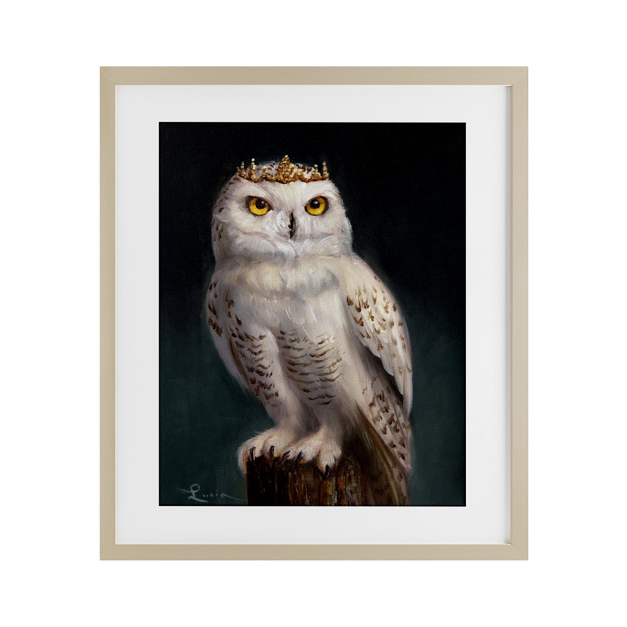 Snowy Owl King Birch Framed Print Under Glass, design by Lucia Heffernan