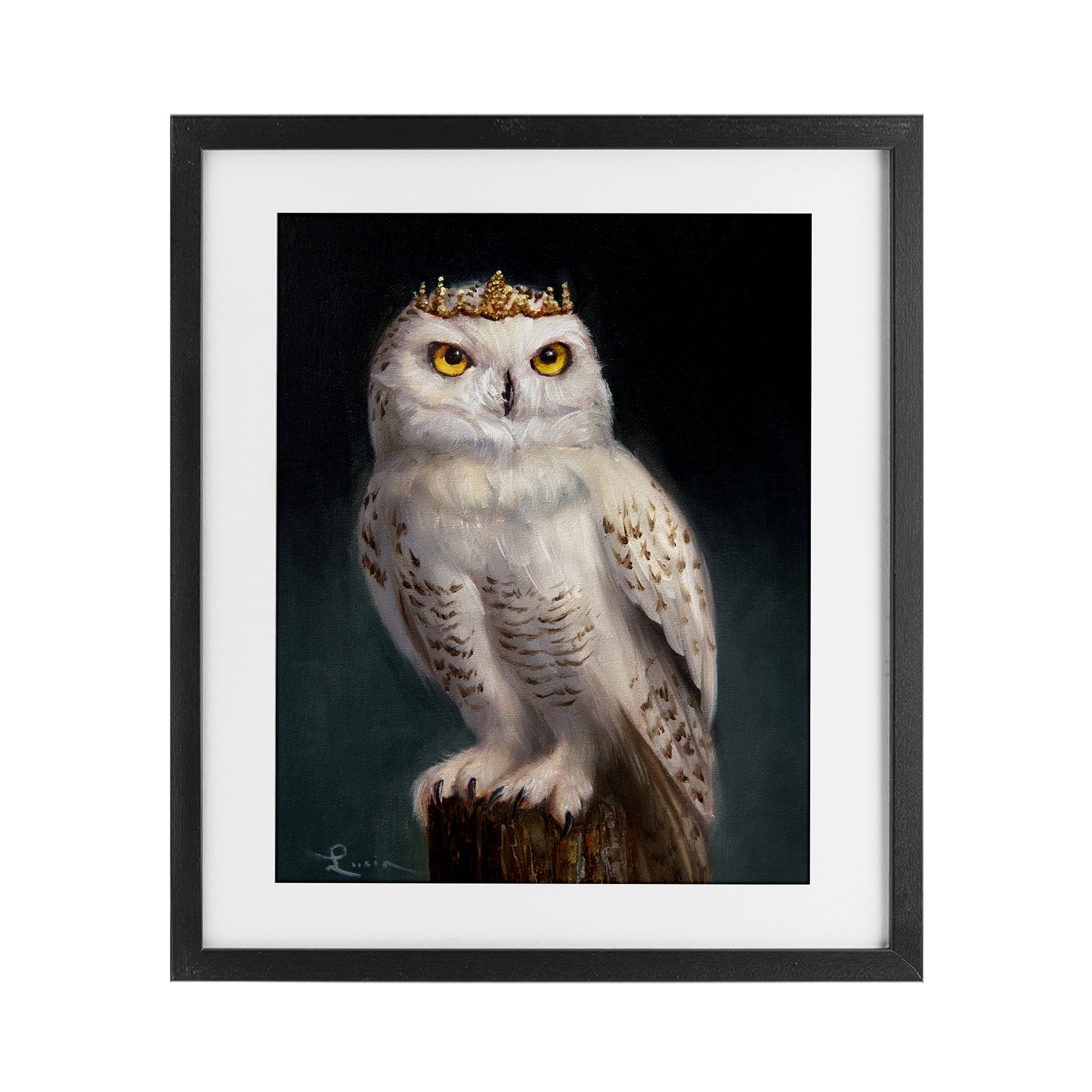 Snowy Owl King Black Framed Print Under Glass, design by Lucia Heffernan