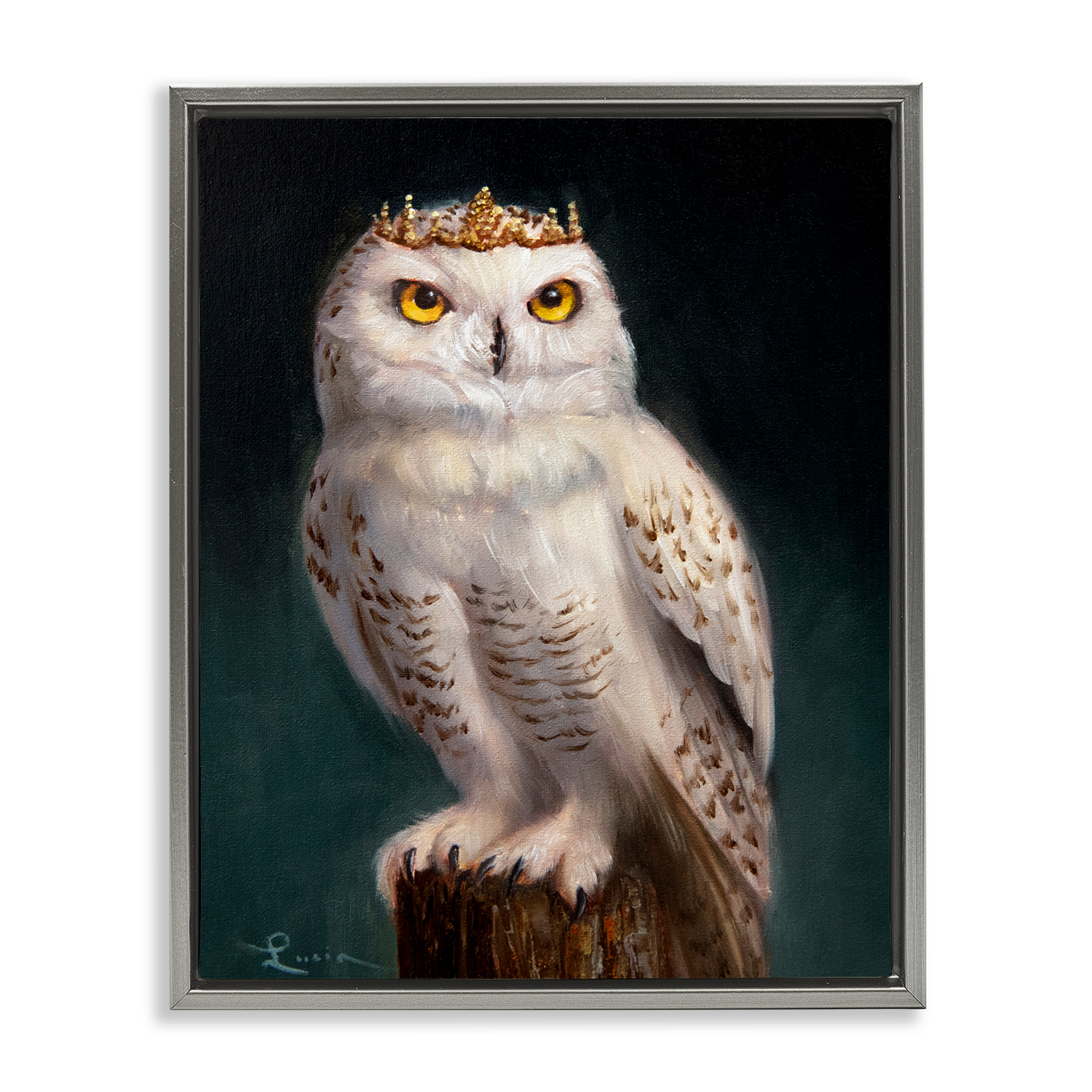 Snowy Owl King Gray Framed Floater Canvas Wall Art, design by Lucia Heffernan