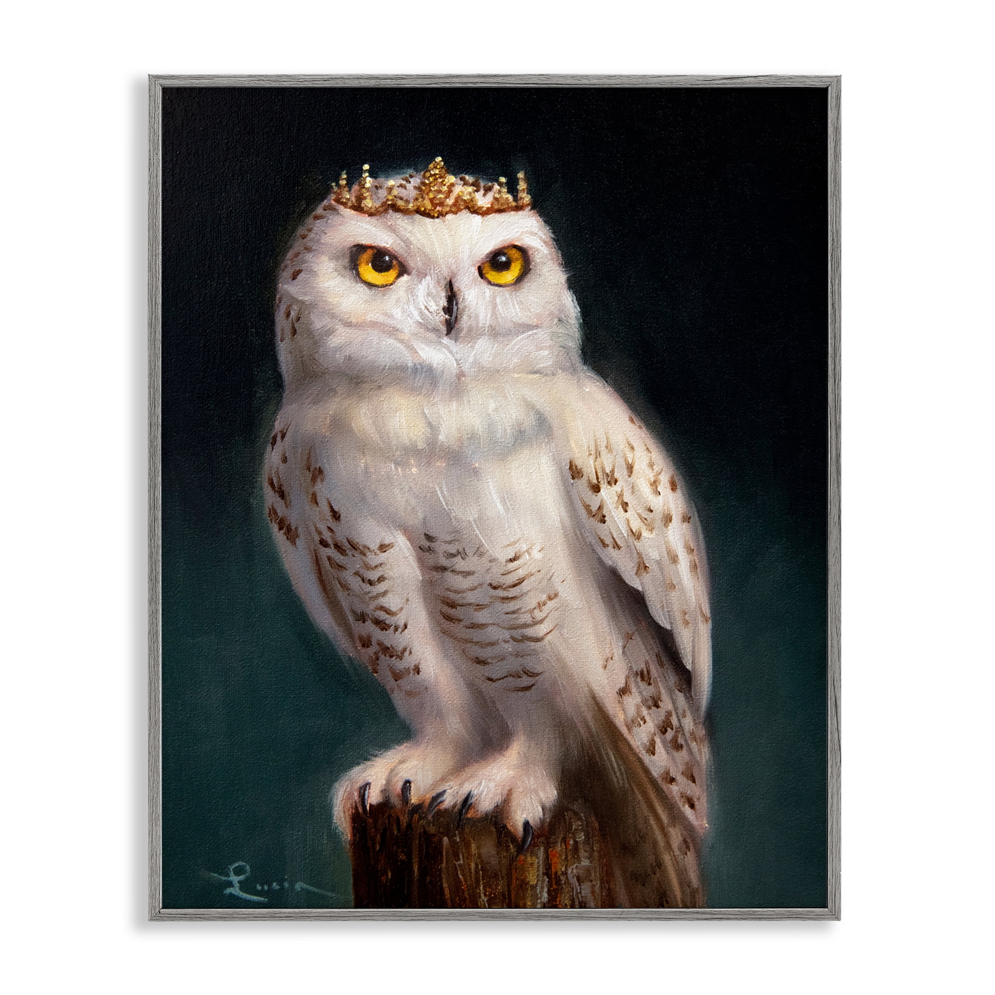 Snowy Owl King Gray Framed Giclee Art, design by Lucia Heffernan