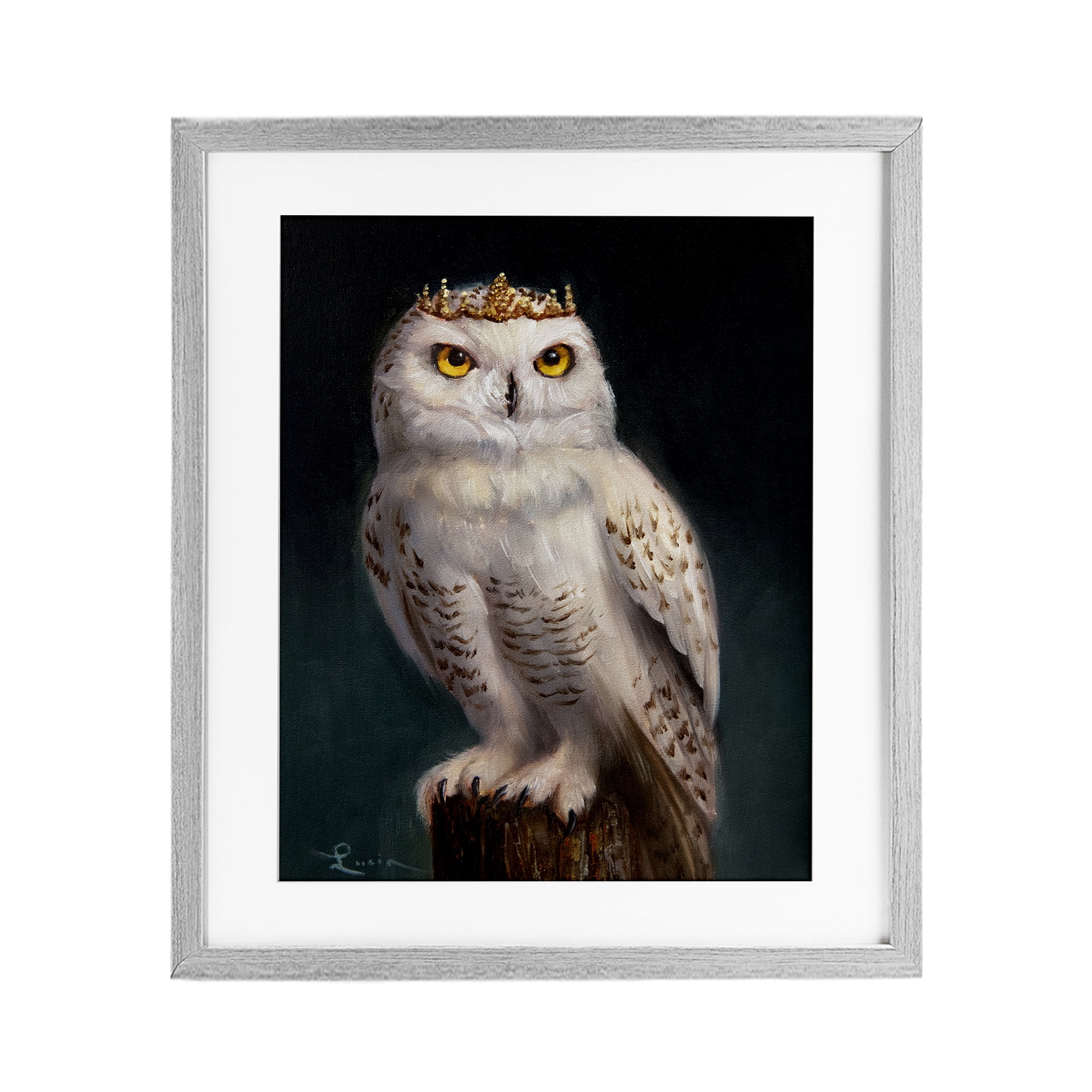 Snowy Owl King Gray Framed Print Under Glass, design by Lucia Heffernan
