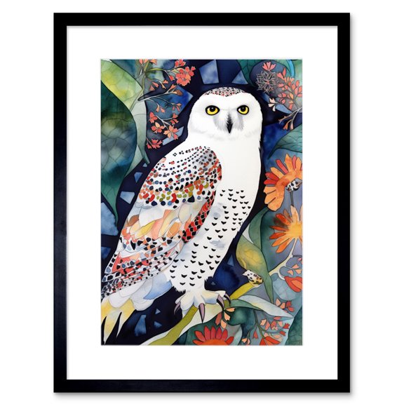 Snowy Owl On Blooming Tree Folk Art Artwork Framed Print Wall Art 9X7 Inch