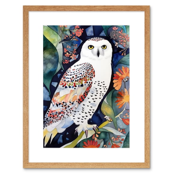 Snowy Owl On Blooming Tree Folk Art Artwork Framed Print Wall Art 9X7 Inch
