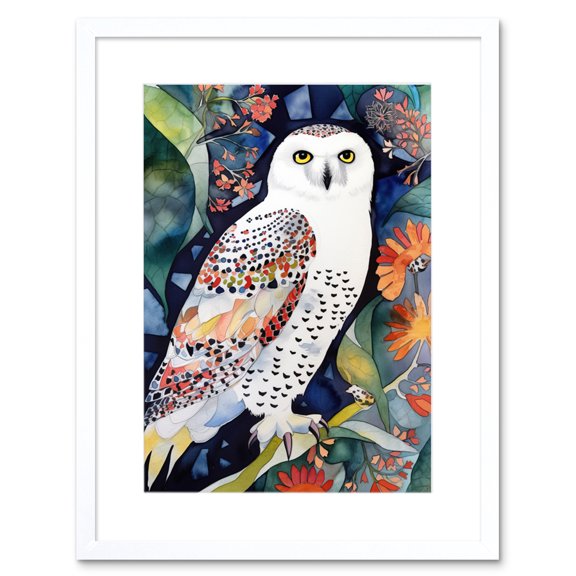 Snowy Owl On Blooming Tree Folk Art Artwork Framed Print Wall Art 9X7 Inch