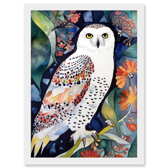 Snowy Owl On Blooming Tree Folk Art Artwork Framed Wall Art Print A4