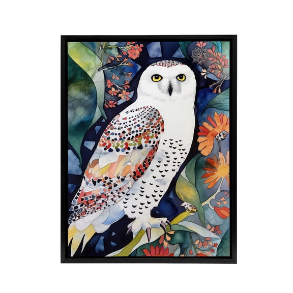 Snowy Owl On Blooming Tree Folk Art Black Framed Canvas Wall Art Print 18X24"