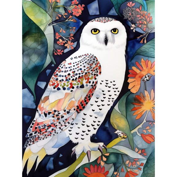 Snowy Owl On Blooming Tree Modern Folk Art Large Wall Art Poster Print Thick Paper 18X24 Inch
