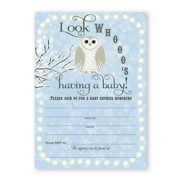 Snowy Owl Shower LARGE Invitations - Blue - 10 Invitations 10 Envelopes