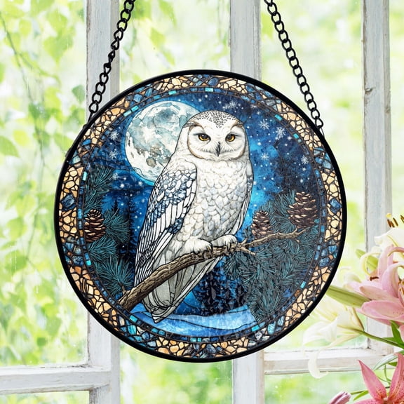 Snowy Owl Stained Glass Suncatcher, Full Moon Night Scene, Window Decor, Winter Forest Art, Gift for Owl Lovers, Birds Lover