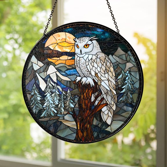 Snowy Owl Stained Glass Suncatcher Moonlight Mountain Window Hanging Winter Decor