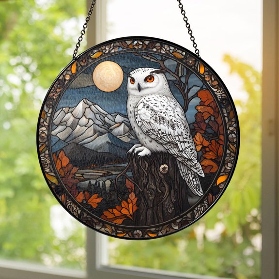 Snowy Owl Stained Glass Suncatcher Window Hanging Autumn Fall Mountain Forest Full Moon Owl Lover Gift Woodland Decor