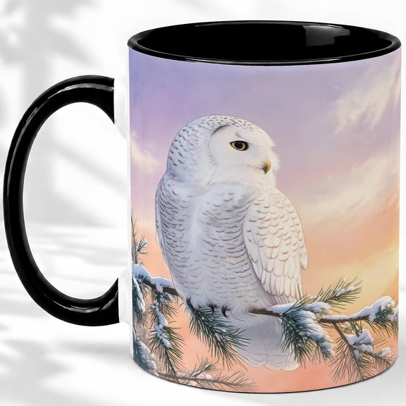 Snowy Owl Watercolor Coffee Mug, Winter Owl Mug, Morning Coffee Tea Cup for Home Office, White Bird Perched on Snow Pine Branch, Pastel Sunset Wildlife Art, Bird Lovers Women Men