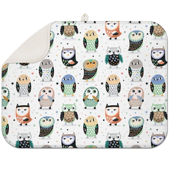 Snowy Owl Watercolor Drying Mat - Cute Baby Owl Pattern Dish Drying Pad, Machine Washable & Space-Saving