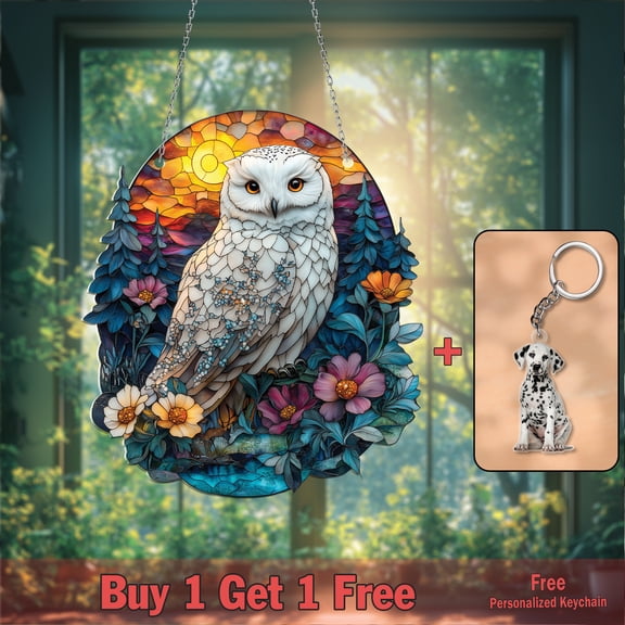 Snowy Owl Window Hanging - Majestic White Owl Suncatcher with Sunset & Floral Design for Home Decor, Handcrafted Window Art, Perfect Gift for Bird & Nature Lovers, Acrylic 2D